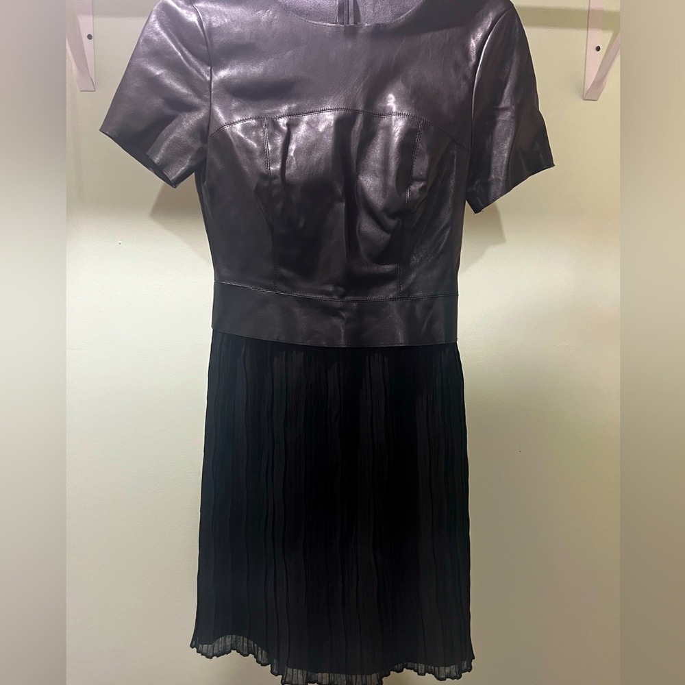DREW Vegan Leather Pleated Skirt Dress, Black